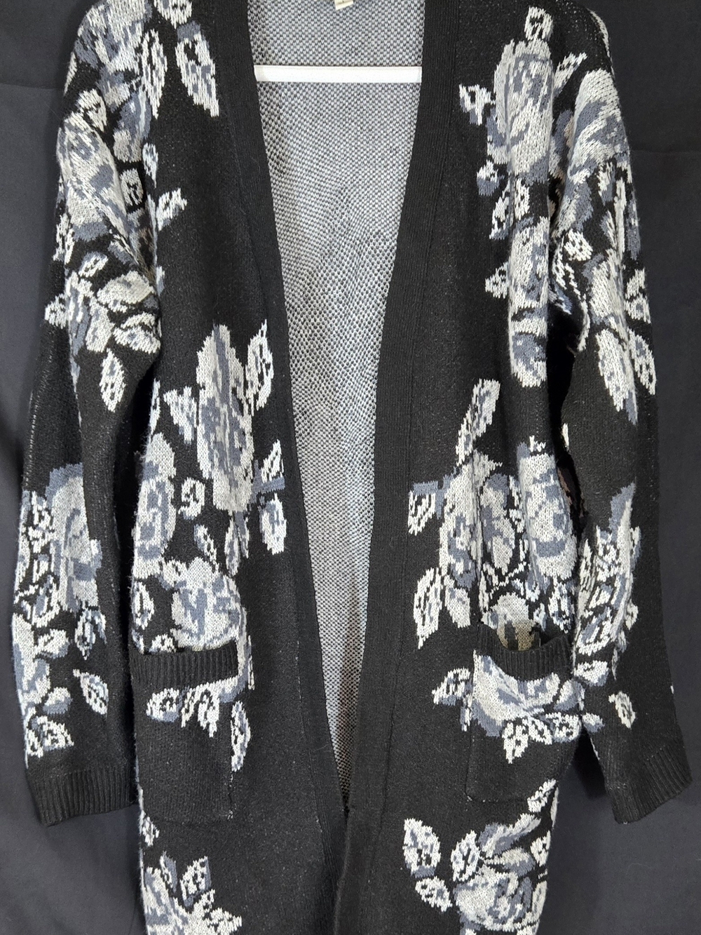 Black Floral Open-Front Women's Sweater Cardigan #385